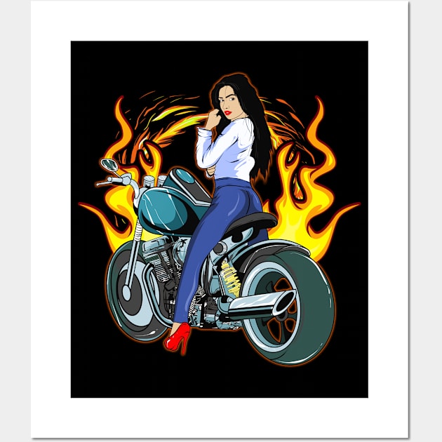 Cool Biker Woman With Flaming Motorcycle Lover Wall Art by SoCoolDesigns